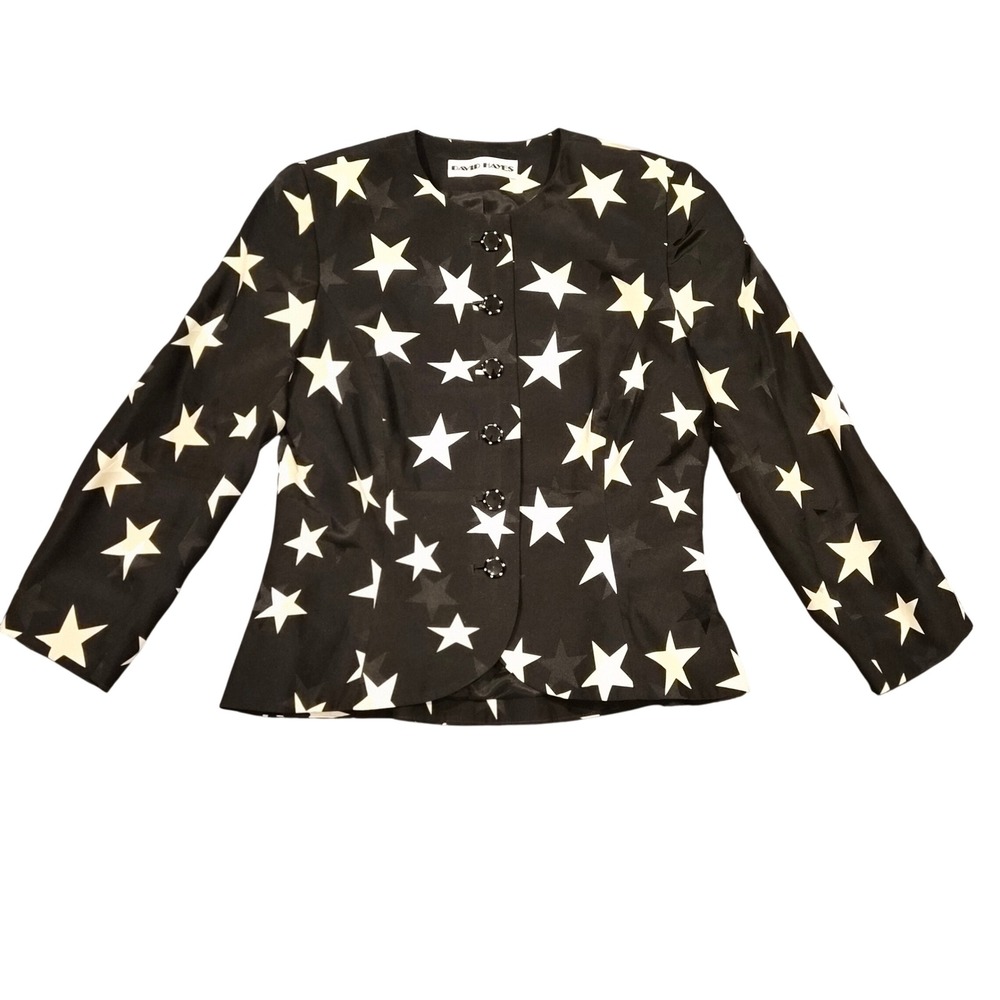 David Hayes Vintage Silk Star Print Blazer Jacket Black White Size 4 USA Made